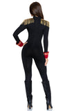 Commanding Ringmaster Costume for Women, 1-Piece Circus Halloween Costume with Black Jumpsuit, Red Inset, Gold Accents & Fringed Epaulettes
