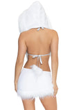 Ice Cold Cutie Costume for Women, 4-Piece Y2K Halloween Costume with Faux Fur Bra Top, Asymmetrical Mini Skirt, Furry Hood & Leg Warmers