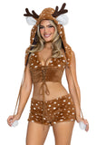 Furry Fawn Costume for Women, 4-Piece Y2K Deer Halloween Costume with Lace-Up Halter Top, Faux Fur Shorts, Antler Hood & Leg Warmers
