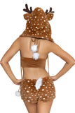 Furry Fawn Costume for Women, 4-Piece Y2K Deer Halloween Costume with Lace-Up Halter Top, Faux Fur Shorts, Antler Hood & Leg Warmers