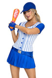 Home Run Hitter Costume for Women, 5-Piece Y2K Baseball Halloween Costume with Pinstripe Dress, Belt, Gloves, Cap & Inflatable Bat