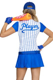 Home Run Hitter Costume for Women, 5-Piece Y2K Baseball Halloween Costume with Pinstripe Dress, Belt, Gloves, Cap & Inflatable Bat