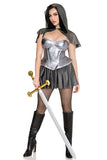 Rebel Knight Costume for Women, 2-Piece Medieval Halloween Costume with Metallic Armor-Inspired Mini Dress & Faux Chainmail Hooded Capelet