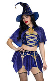 Starstruck Wizard Costume for Women, 4-Piece Halloween Costume with Velvet Crop Top, Garter Skirt, Cape & Wizard Hat