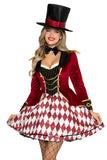 Ring Mistress Costume for Women by Leg Avenue, 3-Piece Circus Halloween Costume with Velvet Coat Dress, Satin Harlequin Skirt, Bow Tie Choker & Top Hat