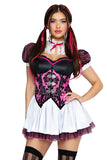 Miss Vampy Costume for Women, 3-Piece Y2K Vampire Halloween Costume with Pink & Black Corset Mini Dress, Lace Neck Piece & Clip-In Hair Extensions