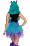 Monster Hottie Costume for Women, 3-Piece Y2K Monster Halloween Costume with Colorful Mini Dress, Furry Hood & Oversized Leg Warmers