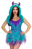 Monster Hottie Costume for Women, 3-Piece Y2K Monster Halloween Costume with Colorful Mini Dress, Furry Hood & Oversized Leg Warmers