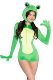 Flirty Froggy Costume for Women, 2-Piece Frog Halloween Costume with Plush Zip-Front Romper, Built-In Frog Gloves & Oversized Frog Bonnet
