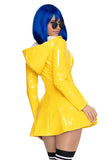 Rainy Day Rebel Costume for Women, 2-Piece Horror Halloween Costume with Glossy Yellow Raincoat Dress & Button-Style Glasses