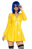 Rainy Day Rebel Costume for Women, 2-Piece Horror Halloween Costume with Glossy Yellow Raincoat Dress & Button-Style Glasses