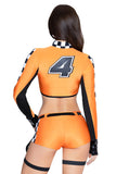 Revved Up Racer Costume for Women, 3-Piece F1-Inspired Racing Halloween Costume with Zip-Front Crop Top, Cheeky Shorts & Strappy Belt