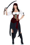 Pirate Beauty Costume for Women, 2-Piece Pirate Halloween Costume with Burgundy Velvet Dress, Chiffon Sleeves, Attached Sash & Matching Head Scarf