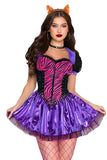Clawed Cutie Costume for Women, 3-Piece Y2K Monster Halloween Costume with Zebra Print Bodice, Metallic Mini Skirt, Choker & Animal Ear Headband