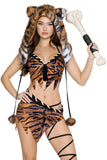 Saber Tooth Tigress Costume for Women, 5-Piece Y2K Cave Girl Halloween Costume with Tiger Print Halter Top, Asymmetrical Skirt, Tail, Ear Hood & Leg Warmers