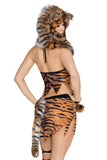 Saber Tooth Tigress Costume for Women, 5-Piece Y2K Cave Girl Halloween Costume with Tiger Print Halter Top, Asymmetrical Skirt, Tail, Ear Hood & Leg Warmers