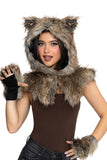 Wolf Costume Kit for Adults, 2-Piece Unisex Halloween Costume Accessory Set with Faux Fur Wolf Hood & Matching Fingerless Gloves