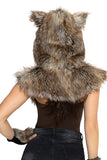 Wolf Costume Kit for Adults, 2-Piece Unisex Halloween Costume Accessory Set with Faux Fur Wolf Hood & Matching Fingerless Gloves