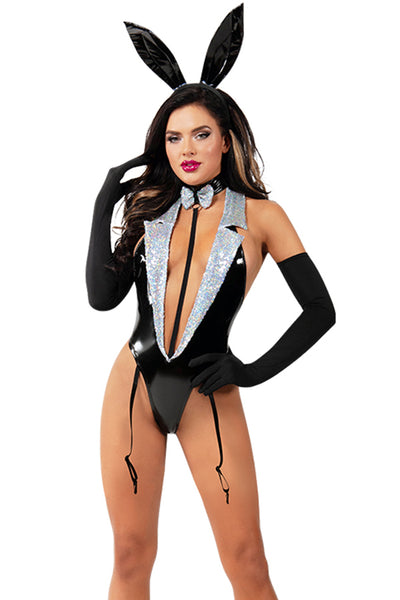 Tuxedo Bunny Liquid Spandex Romper Set with Silver Sequin Collar and Removable Garter Straps