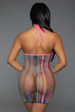 Sexy Fishnet Rainbow Halter Minidress