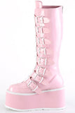 Platform Knee-High Boots with 8 Buckle Straps, Metal Plate Details, and Back Metal Zip Closure