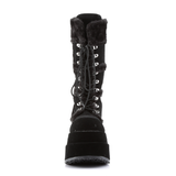 Black Vegan Suede Faux Fur Trim Platform Mid-Calf Boot with Lace-Up Front
