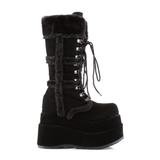 Black Vegan Suede Faux Fur Trim Platform Mid-Calf Boot with Lace-Up Front