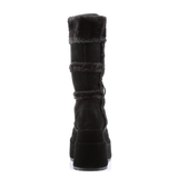Black Vegan Suede Faux Fur Trim Platform Mid-Calf Boot with Lace-Up Front