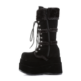 Black Vegan Suede Faux Fur Trim Platform Mid-Calf Boot with Lace-Up Front