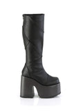 5" Block Heel 3" Faux Wood Wrapped Platform Patchwork Knee-High Boots with Inner Side Zip