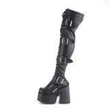Chunky Heel Lace-Up Stretch Thigh-High Boots with Buckle Straps and Inner Side Metal Zip