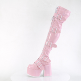 Chunky Heel Lace-Up Stretch Thigh-High Boots with Buckle Straps and Inner Side Metal Zip