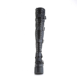 Chunky Heel Lace-Up Stretch Thigh-High Boots with Buckle Straps and Inner Side Metal Zip