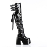 Black Patent 5 Inch Chunky Heel Boots with Ribbon Lace-Up & Harness Strap