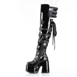 Black Patent 5 Inch Chunky Heel Boots with Ribbon Lace-Up & Harness Strap