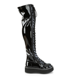 2" Platform Stretch Thigh-High Lace-Up Boots with Outer Metal Zip Closure