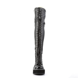 2" Platform Stretch Thigh-High Lace-Up Boots with Outer Metal Zip Closure