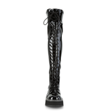 2" Platform Stretch Thigh-High Lace-Up Boots with Outer Metal Zip Closure