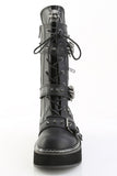 2" Platform Lace-Up Front Mid-Calf Boots with Skeleton Buckle Straps, Spikey Stud Detail, and Devil O-Ring Ornament