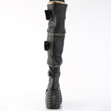 Lace-Up Thigh-High Boots Skull Buckle Straps, Chain Detail, Reflective Coffin Back