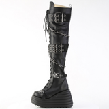 Lace-Up Thigh-High Boots Skull Buckle Straps, Chain Detail, Reflective Coffin Back