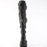 Lace-Up Thigh-High Boots Skull Buckle Straps, Chain Detail, Reflective Coffin Back