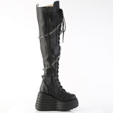 Lace-Up Thigh-High Boots Skull Buckle Straps, Chain Detail, Reflective Coffin Back