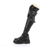 Tiered Platform Stretch Over-The-Knee Boots, Shield Strap, Chain & Stud Details