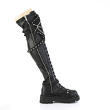 Tiered Platform Stretch Over-The-Knee Boots, Shield Strap, Chain & Stud Details