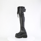Open-Front Lace-Up Stretch Thigh-High Boots with Hook-and-Loop Straps & Inner Zip