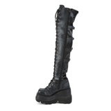 Over-The-Knee Boots with Front Buckle Straps, Back Stretch Lace Panel & Side Zip