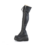 4 1/2” Wedge Platform Lace-Up Stretch Thigh-High Boots with Full-Length Outer Metal Zip