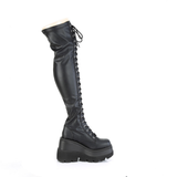 4 1/2” Wedge Platform Lace-Up Stretch Thigh-High Boots with Full-Length Outer Metal Zip