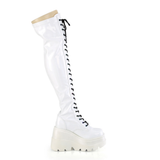 4 1/2” Wedge Platform Lace-Up Stretch Thigh-High Boots with Full-Length Outer Metal Zip
